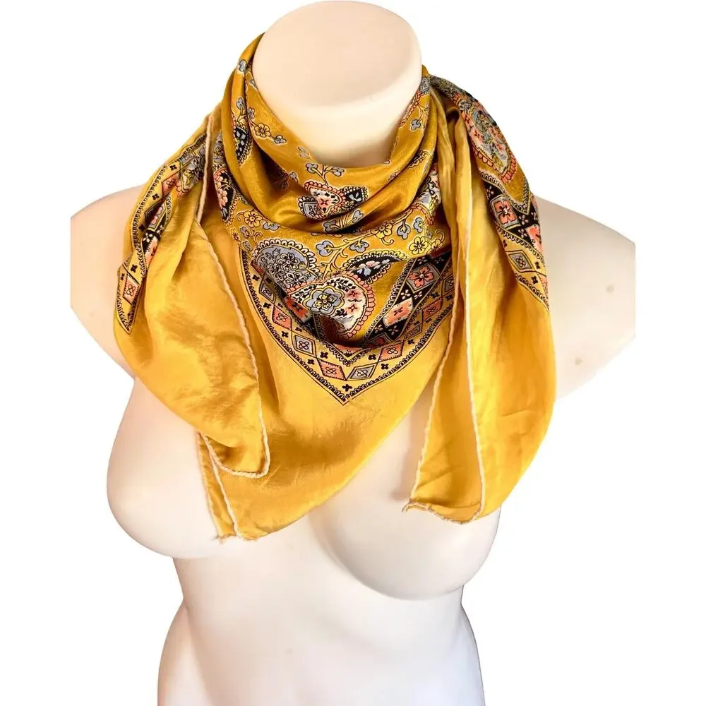 Vintage 1970s Silk Paisley Medallion Scarf Mustard Gold Floral Rolled 30